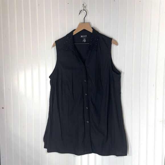 Maggie Barnes 1X Black Linen Blend Sleeveless Blouse Beaded Collar Goth Chic - Picture 1 of 8